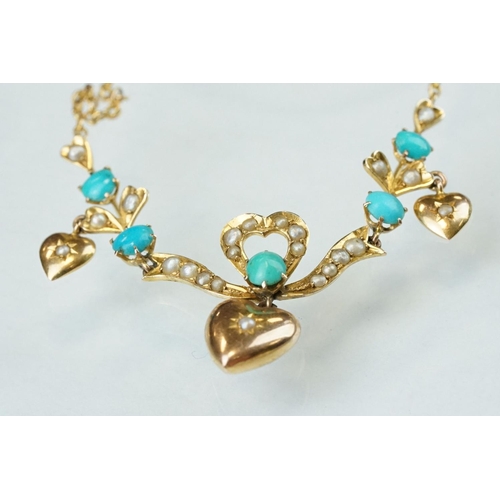 32 - Victorian turquoise and split pearl unmarked gold necklace, ribbon and bow design set with graduated... 