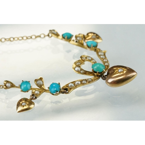 32 - Victorian turquoise and split pearl unmarked gold necklace, ribbon and bow design set with graduated... 