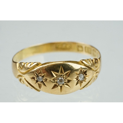 34 - Late Victorian diamond 18ct yellow gold three stone ring, three small rose cut diamonds, gypsy set, ... 