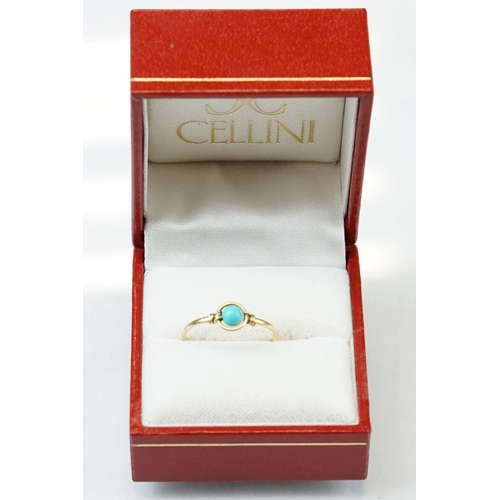 53 - Turquoise 18ct yellow gold ring, suspended central circular turquoise bead, diameter approx 4mm, hal... 