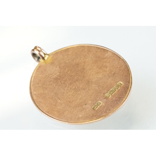 59 - 9ct rose gold medallion, blank cartouche to centre, engraved scroll decoration, hallmarked Birmingha... 