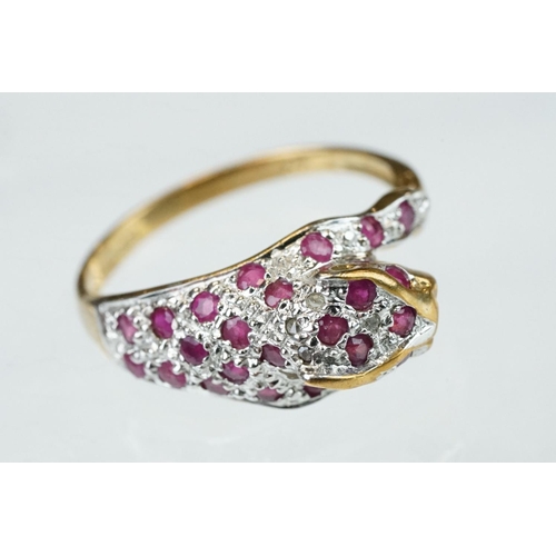 66 - Ruby and diamond 9ct yellow gold ring modelled as a leopard, small round mixed cut rubies, four smal... 