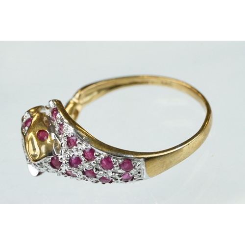 66 - Ruby and diamond 9ct yellow gold ring modelled as a leopard, small round mixed cut rubies, four smal... 