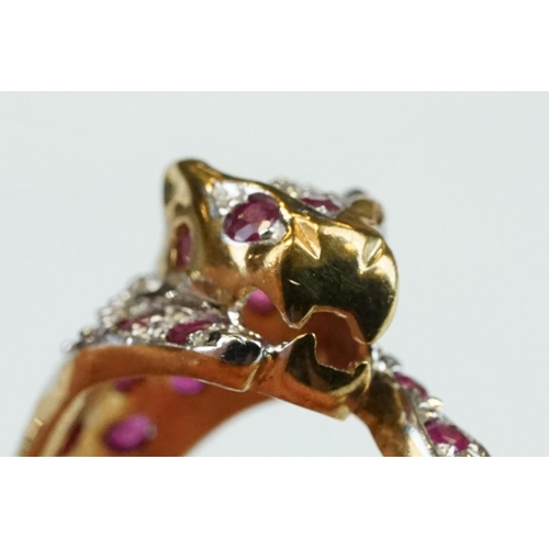 66 - Ruby and diamond 9ct yellow gold ring modelled as a leopard, small round mixed cut rubies, four smal... 