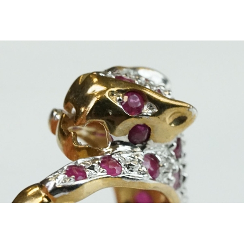 66 - Ruby and diamond 9ct yellow gold ring modelled as a leopard, small round mixed cut rubies, four smal... 