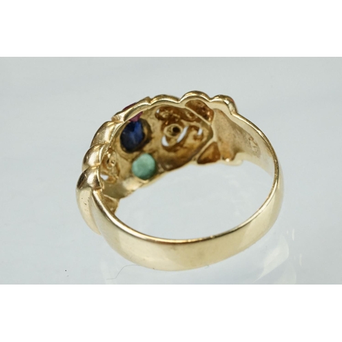 68 - Ruby, sapphire, emerald and diamond 14t yellow gold ring, the oval mixed cut sapphire measuring appr... 