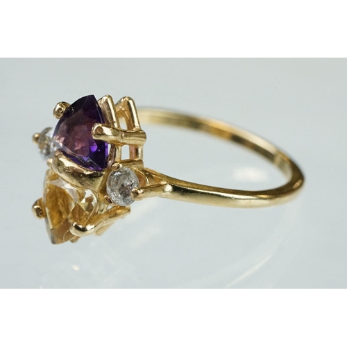 69 - Amethyst, citrine and diamond 14ct yellow gold ring, the trillion cut amethyst measuring approx 5.6m... 