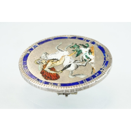 99 - George III enamelled silver crown coin brooch, dated 1818, hinged pin and simple loop brooch fitting... 