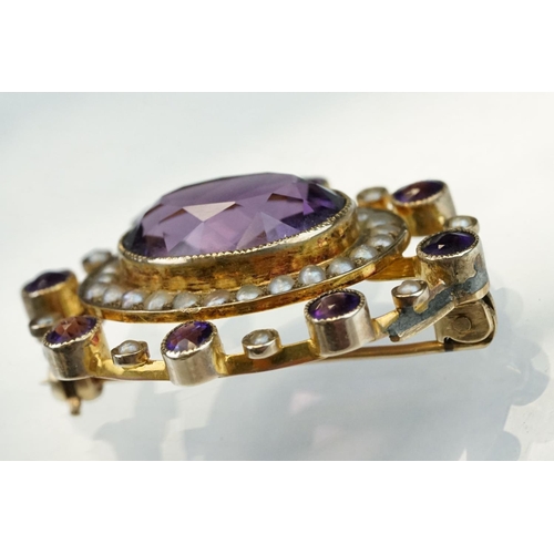 11 - Late 19th century amethyst and seed pearl 9ct yellow gold brooch, the principal oval mixed cut ameth... 