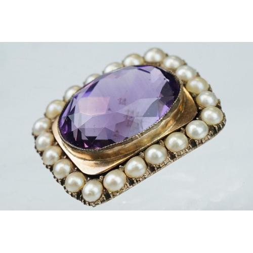 13 - Amethyst and pearl yellow metal brooch, the oval mixed cut amethyst measuring approx 13.5mm x 18.5mm... 