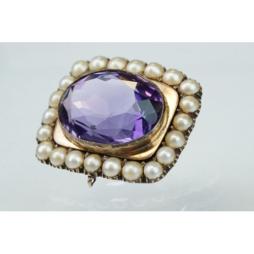 13 - Amethyst and pearl yellow metal brooch, the oval mixed cut amethyst measuring approx 13.5mm x 18.5mm... 