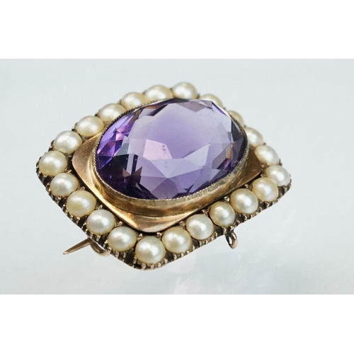 13 - Amethyst and pearl yellow metal brooch, the oval mixed cut amethyst measuring approx 13.5mm x 18.5mm... 