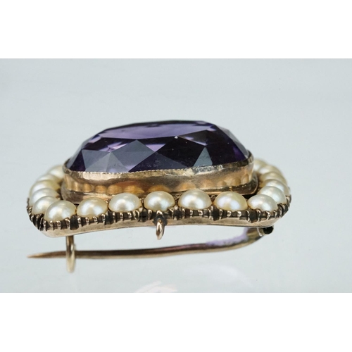 13 - Amethyst and pearl yellow metal brooch, the oval mixed cut amethyst measuring approx 13.5mm x 18.5mm... 