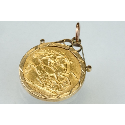 17 - George V full sovereign coin, 1911, George and the Dragon back, 9ct yellow gold coin mount