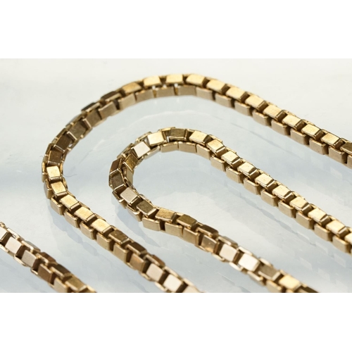 18 - 9ct rose gold box link chain, lobster clasp, length approx 74cm