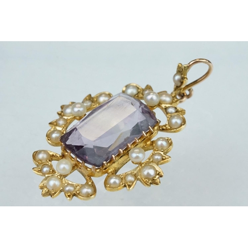 2 - Edwardian amethyst and seed pearl unmarked yellow gold pendant, rectangular mixed cut amethyst, claw... 