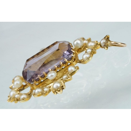 2 - Edwardian amethyst and seed pearl unmarked yellow gold pendant, rectangular mixed cut amethyst, claw... 