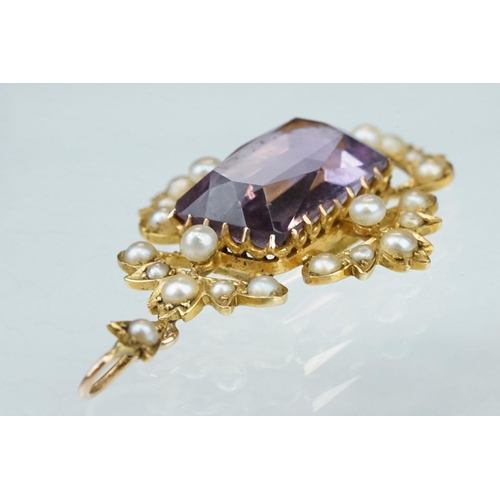 2 - Edwardian amethyst and seed pearl unmarked yellow gold pendant, rectangular mixed cut amethyst, claw... 