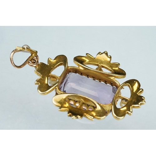 2 - Edwardian amethyst and seed pearl unmarked yellow gold pendant, rectangular mixed cut amethyst, claw... 