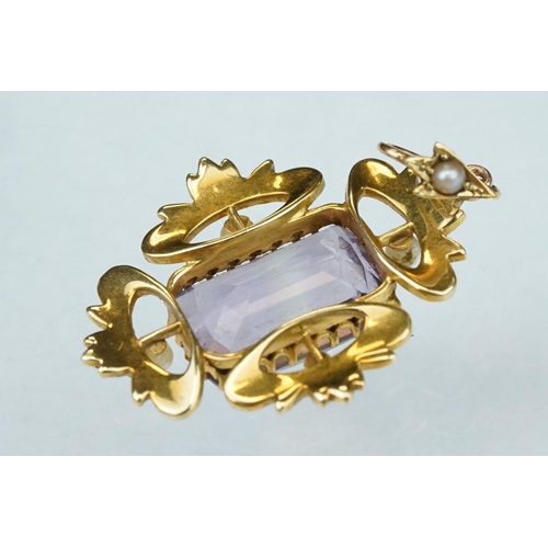 2 - Edwardian amethyst and seed pearl unmarked yellow gold pendant, rectangular mixed cut amethyst, claw... 