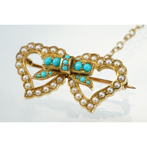 27 - Edwardian turquoise and seed pearl unmarked yellow gold sweetheart brooch modelled and two hearts wi... 