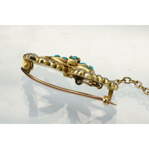 27 - Edwardian turquoise and seed pearl unmarked yellow gold sweetheart brooch modelled and two hearts wi... 