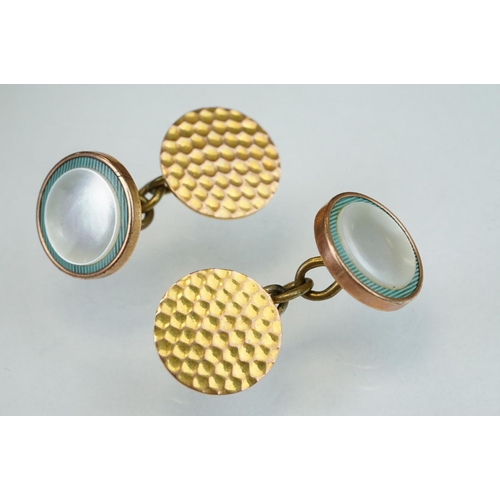 30 - Pair of mother-of-pearl enamelled 9ct yellow gold and gold plated cufflinks; together with four 18ct... 