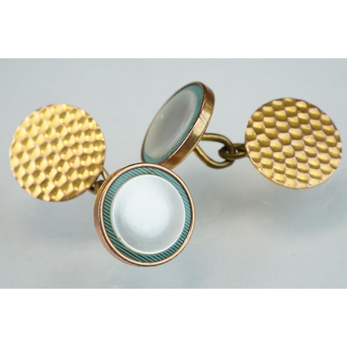 30 - Pair of mother-of-pearl enamelled 9ct yellow gold and gold plated cufflinks; together with four 18ct... 