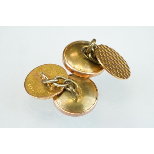 30 - Pair of mother-of-pearl enamelled 9ct yellow gold and gold plated cufflinks; together with four 18ct... 