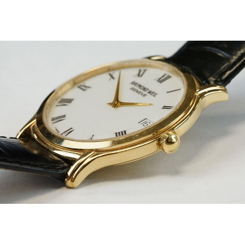 373 - Raymond Weil 18ct gold plated gents wristwatch with white dial, Roman numerals and date aperture at ... 