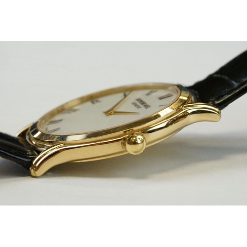 373 - Raymond Weil 18ct gold plated gents wristwatch with white dial, Roman numerals and date aperture at ... 