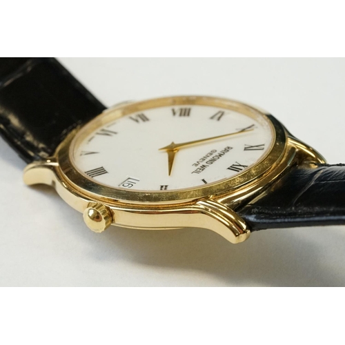 373 - Raymond Weil 18ct gold plated gents wristwatch with white dial, Roman numerals and date aperture at ... 