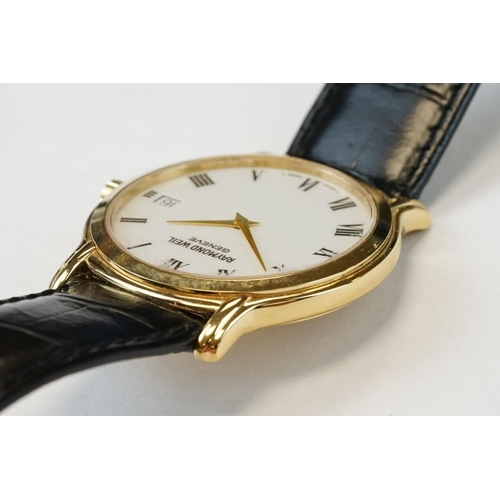 373 - Raymond Weil 18ct gold plated gents wristwatch with white dial, Roman numerals and date aperture at ... 