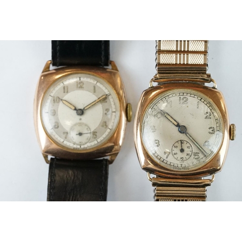 375 - 9ct Rose gold cased gents watch with cream dial and seconds dial, Arabic numerals and rolled gold st... 