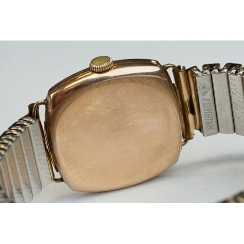 375 - 9ct Rose gold cased gents watch with cream dial and seconds dial, Arabic numerals and rolled gold st... 