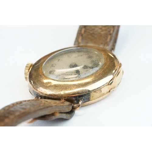 376 - J. W Benson 9ct gold cased ladies wristwatch with circular face, Arabic numerals, poker hands, 15 je... 