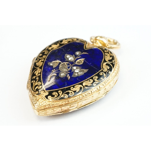 380 - Yellow metal and enamel full hunter ladies key wind fob watch, heart-shaped and set with rose cut di... 