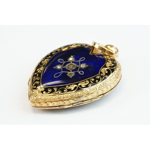 380 - Yellow metal and enamel full hunter ladies key wind fob watch, heart-shaped and set with rose cut di... 