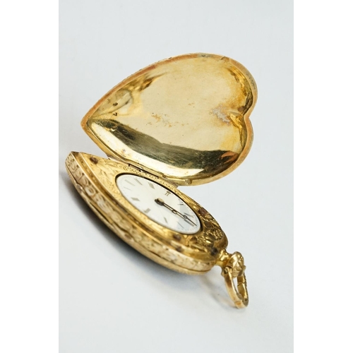 380 - Yellow metal and enamel full hunter ladies key wind fob watch, heart-shaped and set with rose cut di... 