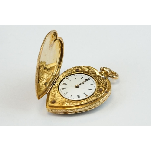 380 - Yellow metal and enamel full hunter ladies key wind fob watch, heart-shaped and set with rose cut di... 