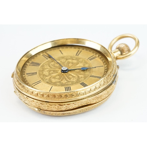 381 - 18ct yellow gold key wind open face small pocket watch, gilt dial with bright cut decoration to cent... 