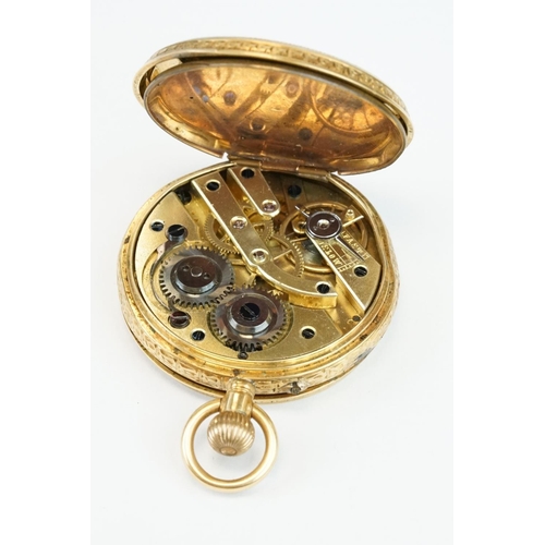 381 - 18ct yellow gold key wind open face small pocket watch, gilt dial with bright cut decoration to cent... 