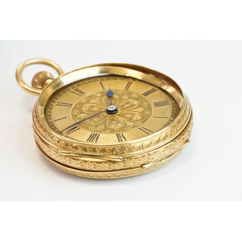 381 - 18ct yellow gold key wind open face small pocket watch, gilt dial with bright cut decoration to cent... 