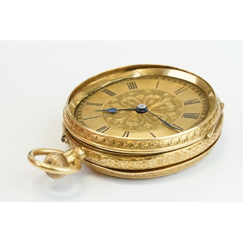 381 - 18ct yellow gold key wind open face small pocket watch, gilt dial with bright cut decoration to cent... 