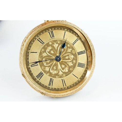 381 - 18ct yellow gold key wind open face small pocket watch, gilt dial with bright cut decoration to cent... 