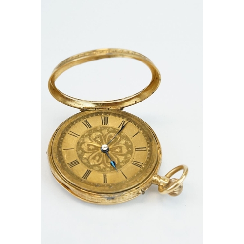 381 - 18ct yellow gold key wind open face small pocket watch, gilt dial with bright cut decoration to cent... 