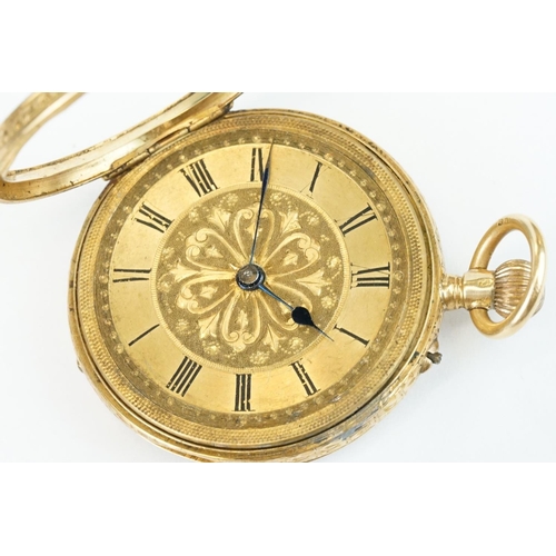 381 - 18ct yellow gold key wind open face small pocket watch, gilt dial with bright cut decoration to cent... 