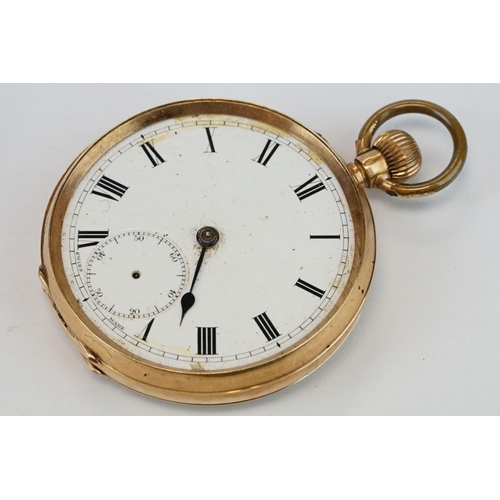 382 - 14ct yellow gold open faced top wind pocket watch with white enamel dial and seconds dial, black rom... 