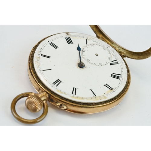 382 - 14ct yellow gold open faced top wind pocket watch with white enamel dial and seconds dial, black rom... 