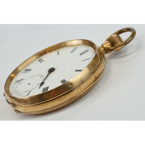 382 - 14ct yellow gold open faced top wind pocket watch with white enamel dial and seconds dial, black rom... 